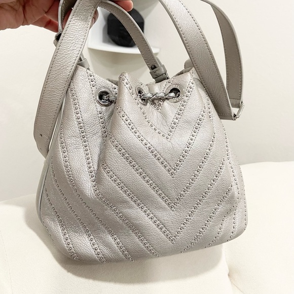 Chanel drawstring Metallic Calfskin Studded Chevron Quilted Crossbody - Picture 8 of 13